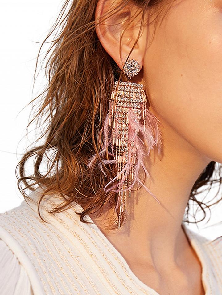 Choies Pink Rhinestone Embellished Ostrich Feather Earrings