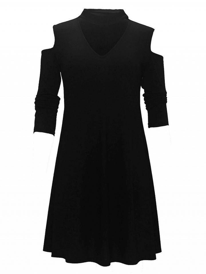 Choies Black Plunge Front Choker Neck Cold Shoulder Long Sleeve Dress