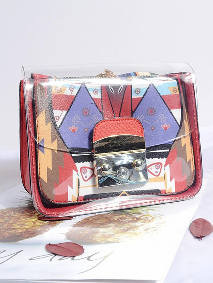 Choies Red Pu Print Detail Lock Catch Front Chic Women Shoulder Bag