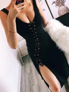Choies Black Plunge Eyelet Lace Up Front Split Side Midi Dress