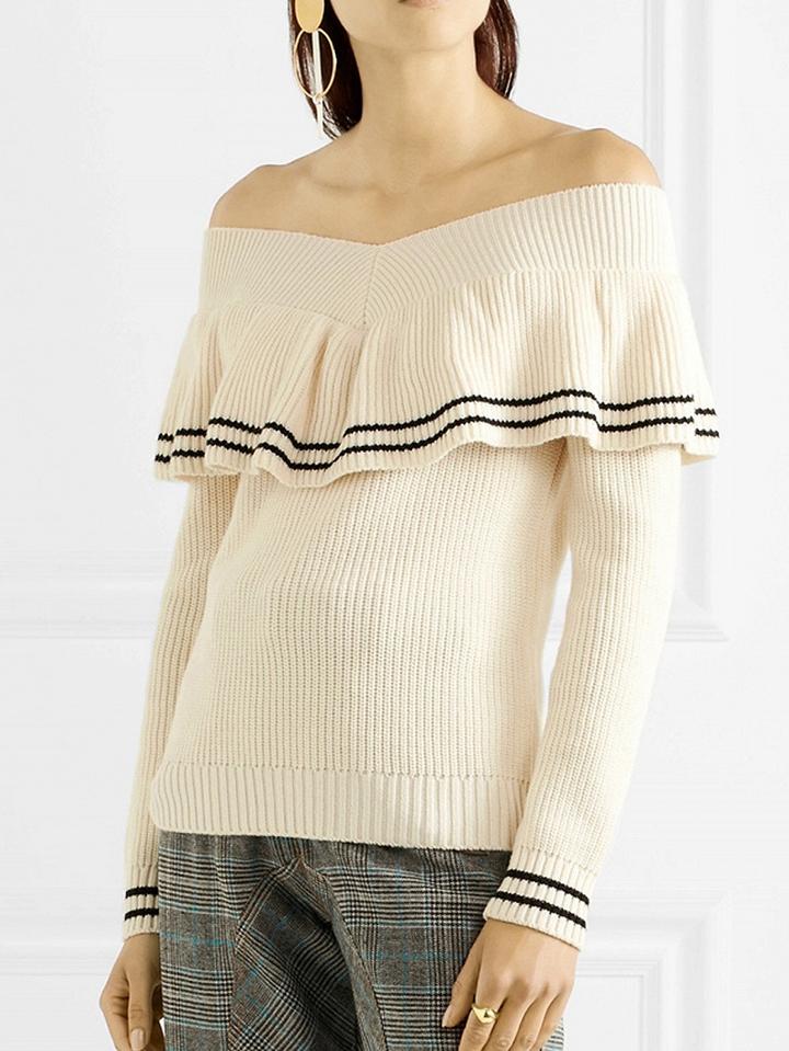 Choies Beige Stripe V-neck Ruffle Trim Long Sleeve Knit Sweater