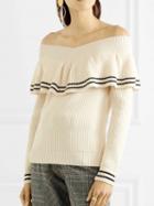 Choies Beige Stripe V-neck Ruffle Trim Long Sleeve Knit Sweater