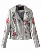 Choies Gray Lapel Embroidery Floral Leather Look Biker Jacket