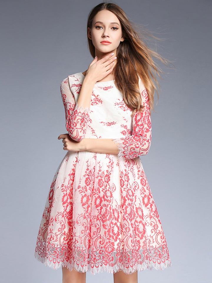 Choies Red 3/4 Sleeve Embroidery Lace Skater Mini Dress