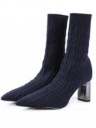 Choies Dark Blue Pointed Toe Chic Women Knit Heeled Ankle Boots