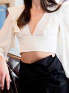 Choies White V-neck Ruffle Trim Long Sleeve Chic Women Crop Blouse