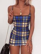 Choies Blue Contrast Plaid Chic Women Bodycon Cami Mini Dress