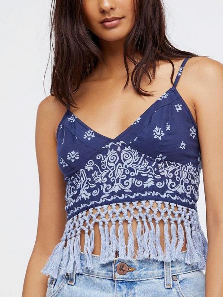 Choies Navy V-neck Geo-tribal Print Stretch Back Tassel Cami Top