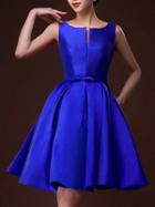 Choies Blue Plunge Neck Bowknot Waist Lacing Back Prom Skater Dress