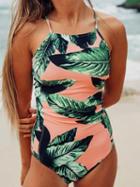 Choies Pink Feather Print Lace Up Back Swimsuit