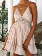 Choies Pink V-neck Lace Panel Open Back Mini Dress