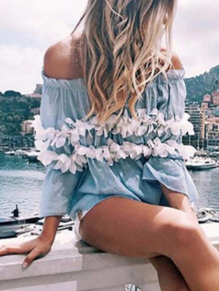 Choies Blue Off Shoulder Floral Applique Trim Flare Sleeve Top