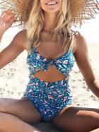 Choies Green Knot Front Leaves Print Swimsuit