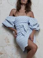 Choies Light Blue Off Shoulder Polka Dot Puff Sleeve Mini Dress
