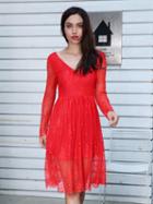 Choies Red V-neck Sheer Sleeve Mesh Overlay Dress
