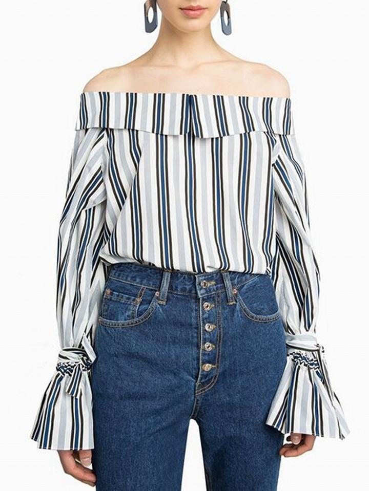 Choies Blue Stripe Off Shoulder Flare Sleeve Blouse