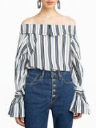 Choies Blue Stripe Off Shoulder Flare Sleeve Blouse