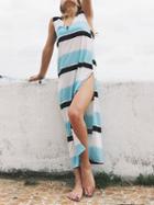 Choies Multicolor Stripe V-neck Open Back Thigh Split Side Maxi Dress
