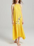 Choies Yellow Tie Shoulder Embroidery Detail Maxi Dress