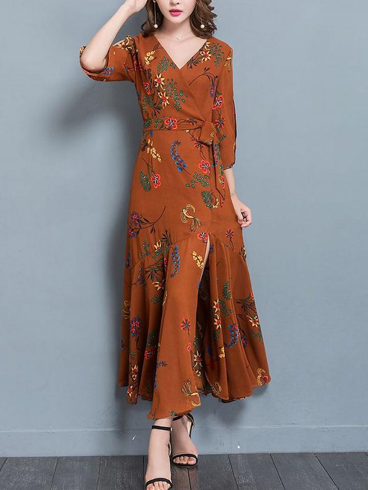 Choies Brown Wrap V-neck Floral Tie Waist Asymmetric Hem Maxi Dress