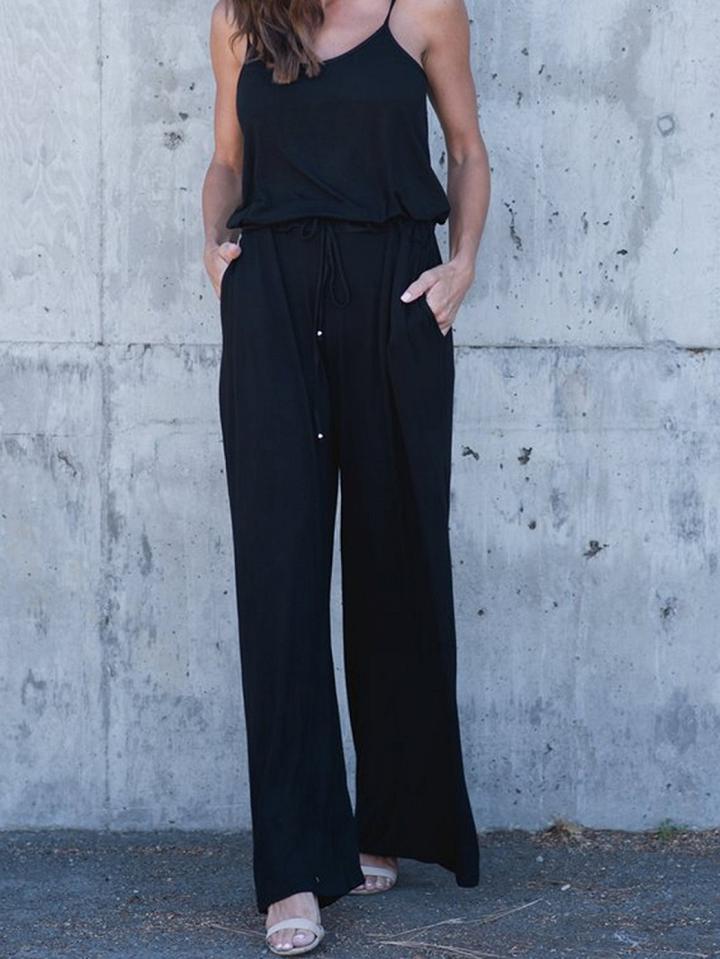 Choies Black Spaghetti Strap Drawstring Waist Chic Women Jumpsuit