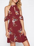 Choies Burgundy Choker Neck Print Floral Mini Dress