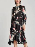 Choies Black Tie Waist Floral Long Sleeve Midi Dress