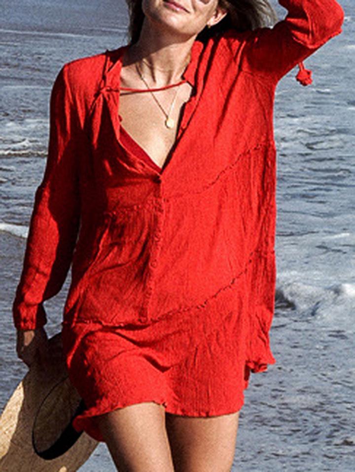 Choies Red V-neck Long Sleeve Beach Cover Up
