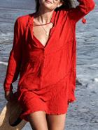 Choies Red V-neck Long Sleeve Beach Cover Up