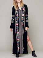 Choies Black V-neck Embroidery Detail Thigh Split Side Maxi Dress
