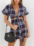 Choies Dark Blue Plaid Cotton Plunge Tie Front Chic Women Mini Dress