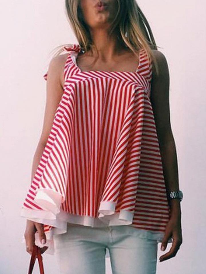 Choies Red Stripe Tie Shoulder Contrast Hem Swing Top