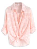 Choies Pink Plaid Print Roll Up Sleeve Semi-sheer Shirt