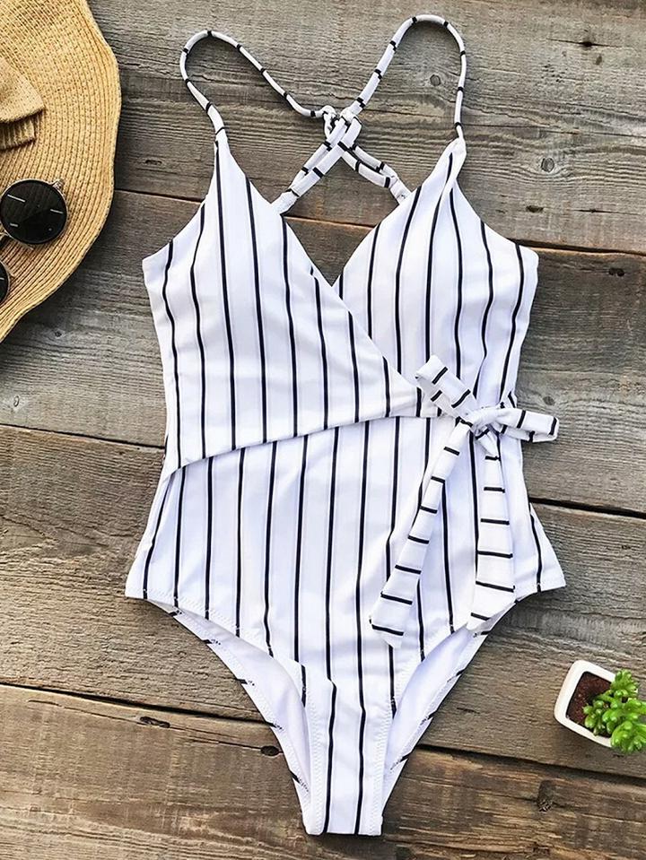 Choies White Stripe Nylon Tie Waist Open Back Chic Women Swimsuit