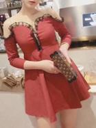 Choies Red Cold Shoulder Ruffle Trim Mesh Panel Mini Dress