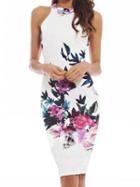 Choies White Floral Print Cut Away Midi Bodycon Dress