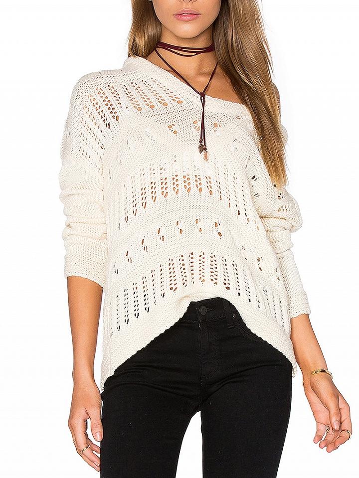 Choies Beige V-neck Pointelle Stitch Long Sleeve Knit Hooded Jumper