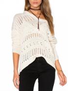 Choies Beige V-neck Pointelle Stitch Long Sleeve Knit Hooded Jumper