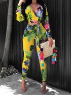 Choies Yellow Print Detail Long Sleeve Crop Top And High Waist Pants