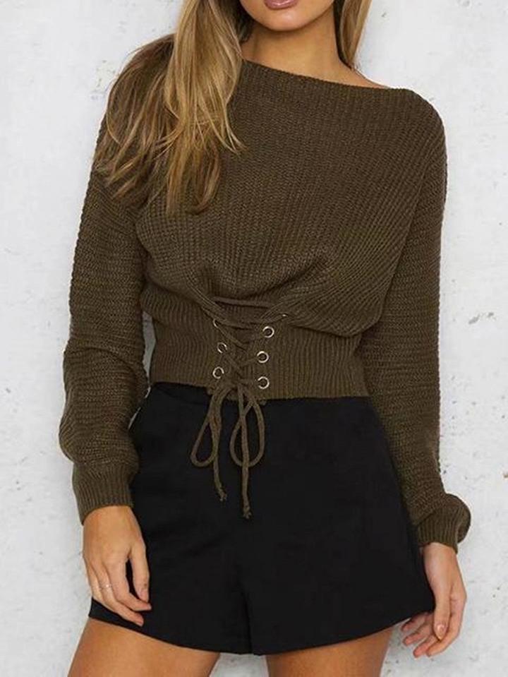 Choies Army Green Pink Lace-up Corset Front Rib Knit Sweater