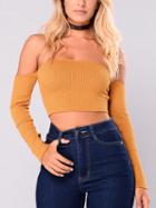 Choies Yellow Off Shoulder Lace Up Back Long Sleeve Cropped Blouse