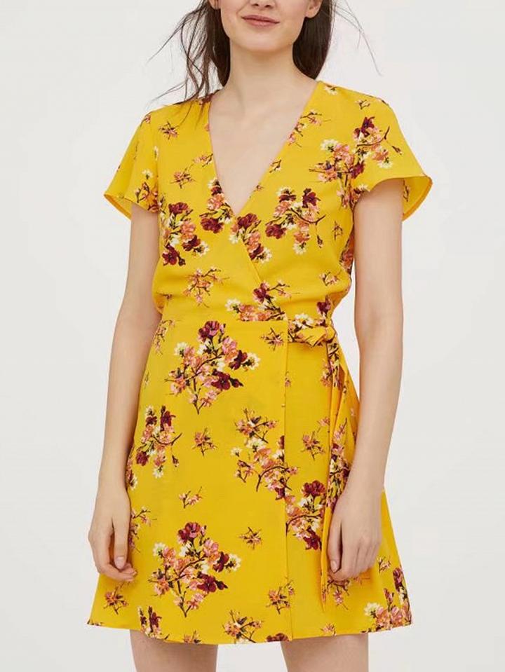 Choies Yellow V-neck Floral Print Tie Waist Mini Dress