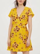 Choies Yellow V-neck Floral Print Tie Waist Mini Dress
