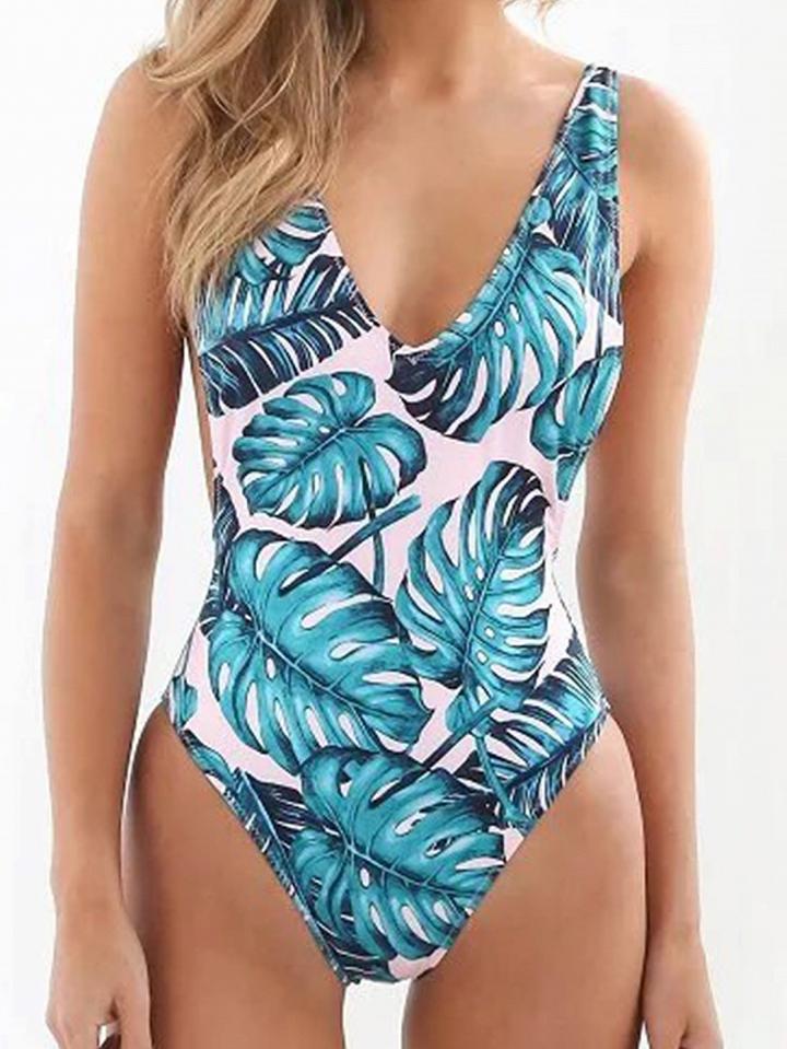 Choies Blue Nylon Plunge Leaf Print Sleeveless Chic Women Swimsuit