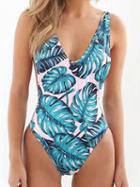 Choies Blue Nylon Plunge Leaf Print Sleeveless Chic Women Swimsuit