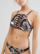 Choies Polychrome Print Detail Lace Up Front Bikini Top And Bottom