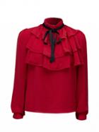 Choies Red High Neck Bow Tie Detail Layered Ruffle Blouse