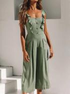 Choies Green Cotton Blend Button Placket Front Chic Women Romper Jumpsuit