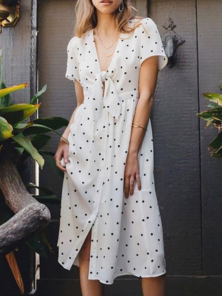 Choies White V-neck Polka Dot Tie Front Midi Dress