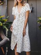 Choies White V-neck Polka Dot Tie Front Midi Dress